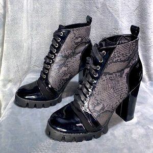 High heels faux snake skin platform boots